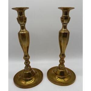 MCM Brass Candlesticks 11” Tall Pair Has Patina Taper Candle Solid Brass